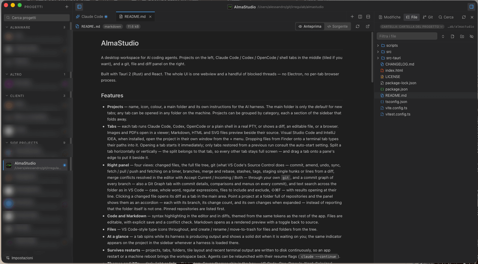 Finestra principale di AlmaStudio con l’elenco dei progetti, un’anteprima Markdown e il pannello dei file