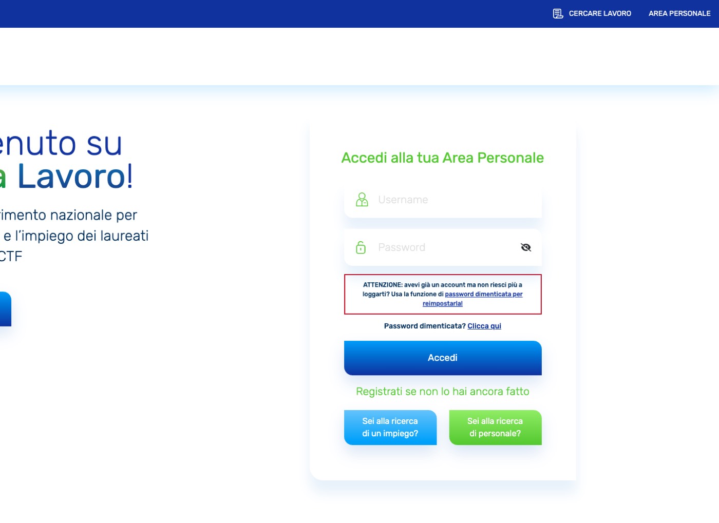 Pagina di accesso all’area personale del portale