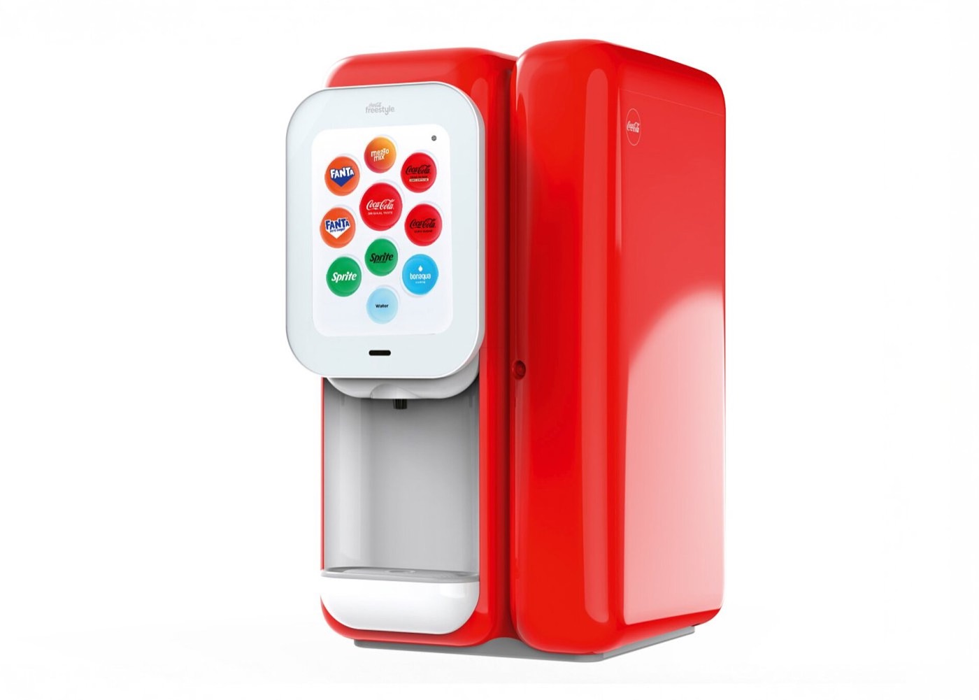 Distributore self-service con schermo touch e le bevande mostrate come dischi da toccare